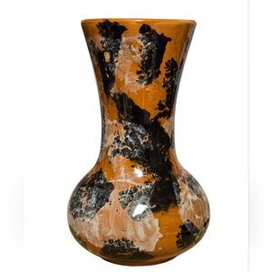 Vintage Redware Spongeware Vase 7 Inch   black, white, orange